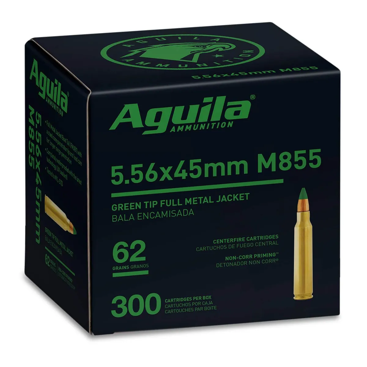 Green Tip Full Metal Jacket Boat Tail 62 gr 5.56 NATO Rifle Ammo - 300 Round Box