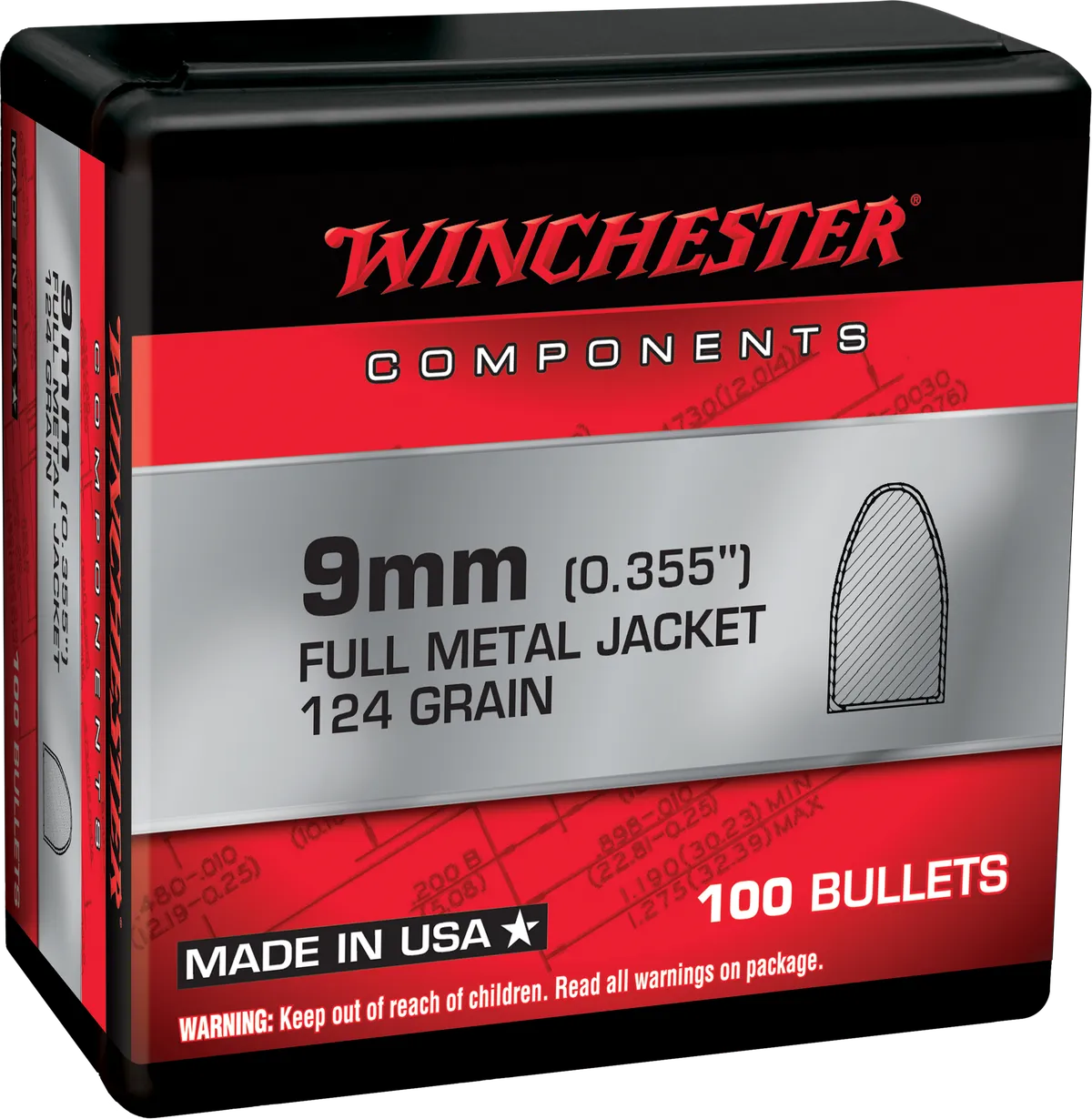 Centerfire Handgun Full Metal Jacket 124 gr 9mm Reloading Bullets - 100 Round Box