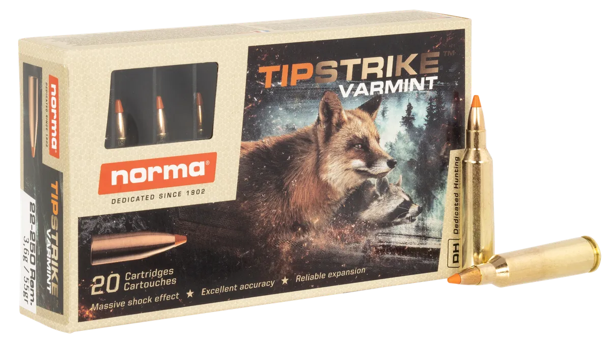 Dedicated Hunting Tipstrike Varmint 55 gr 22-250 Remington Rifle Ammo - 20 Round Box 