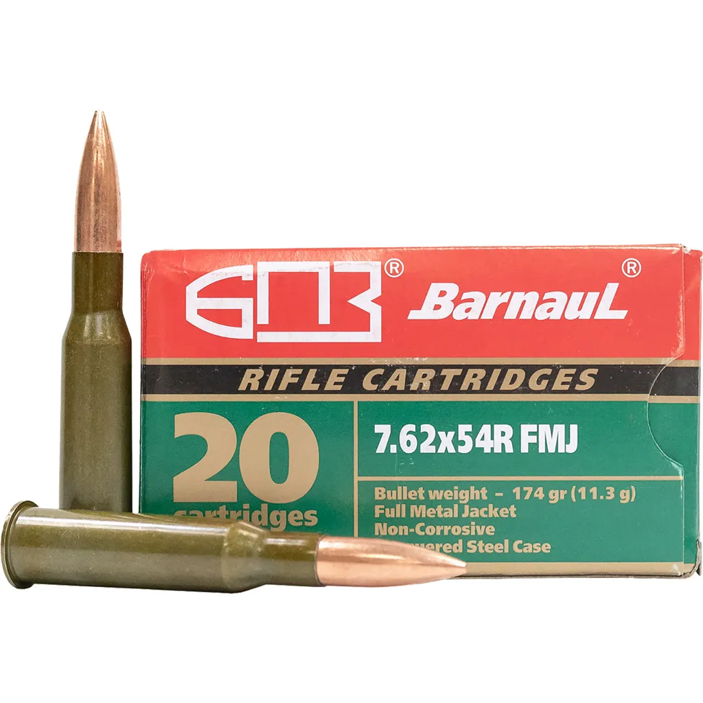 Steel Case Full Metal Jacket Boat Tail 174 gr 7.62x54mmR Rifle Ammo - 20 Round Box