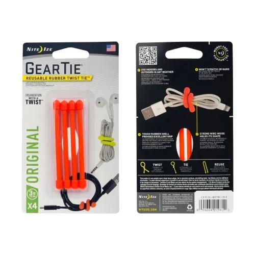 Gear Tie 4-Pack 3 Inch Rubber Twist Tie - Orange