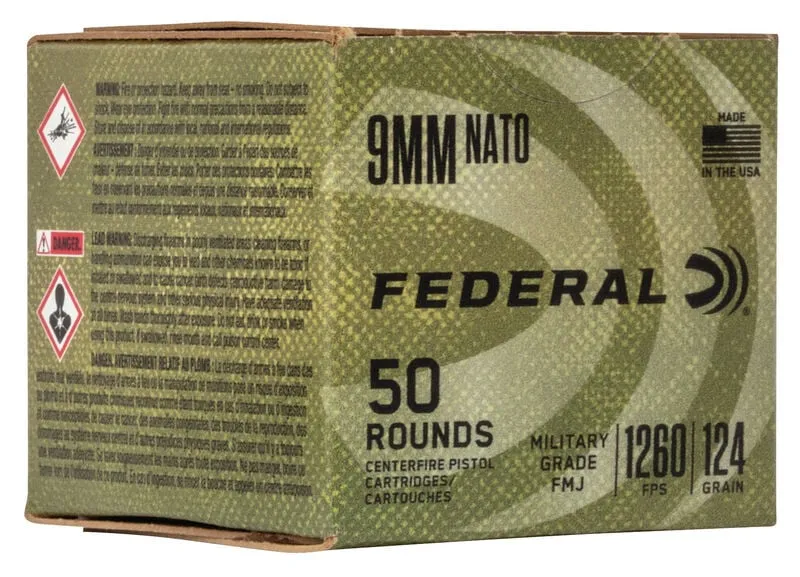 Military Grade Full Metal Jacket 124 gr 9mm Luger Handgun Ammo - 50 Round Box