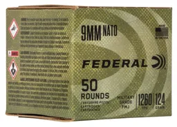 Military Grade Full Metal Jacket 124 gr 9mm Luger Handgun Ammo - 50 Round Box