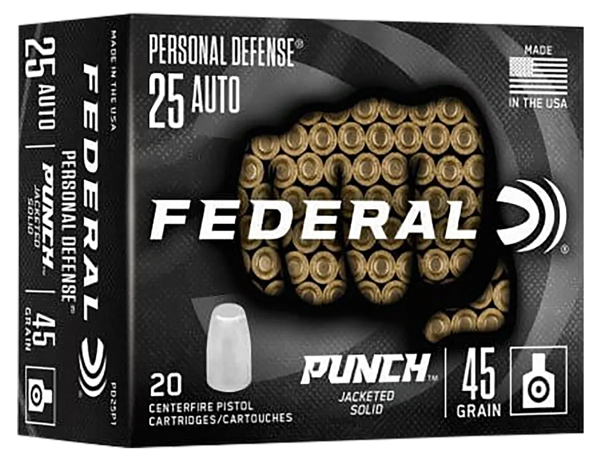 Punch Personal Defense Hollow Point 45 gr 25 ACP Handgun Ammo - 20 Round Box