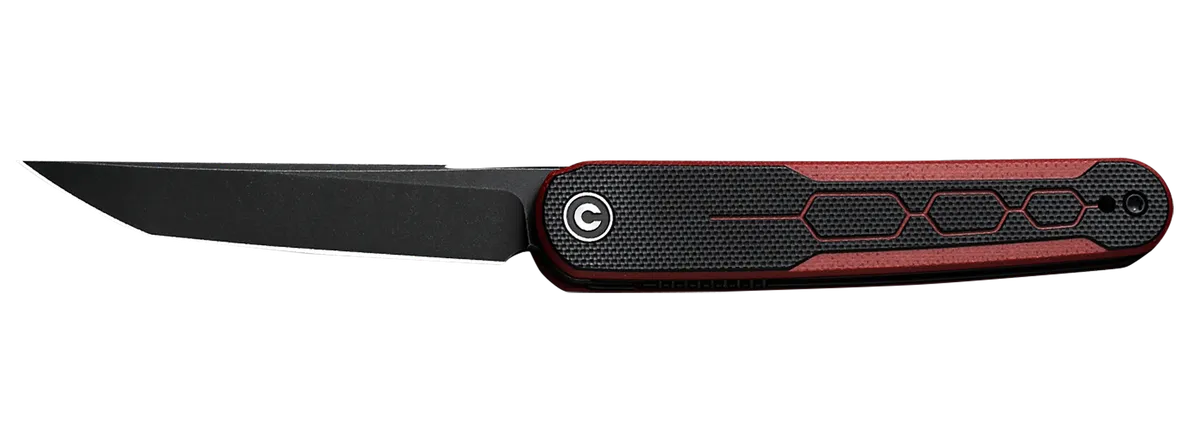 KwaiQ 2.97" Folding Plain Knife - Black/Burgundy Textured G10 Handle